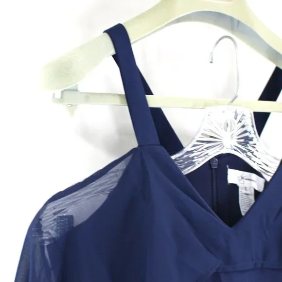 JAY GODFREY Oliver Navy Blue Wide Leg Jumpsuit Chiffon Ruffle Cold Shoulder 2 XS - Picture 2 of 9
